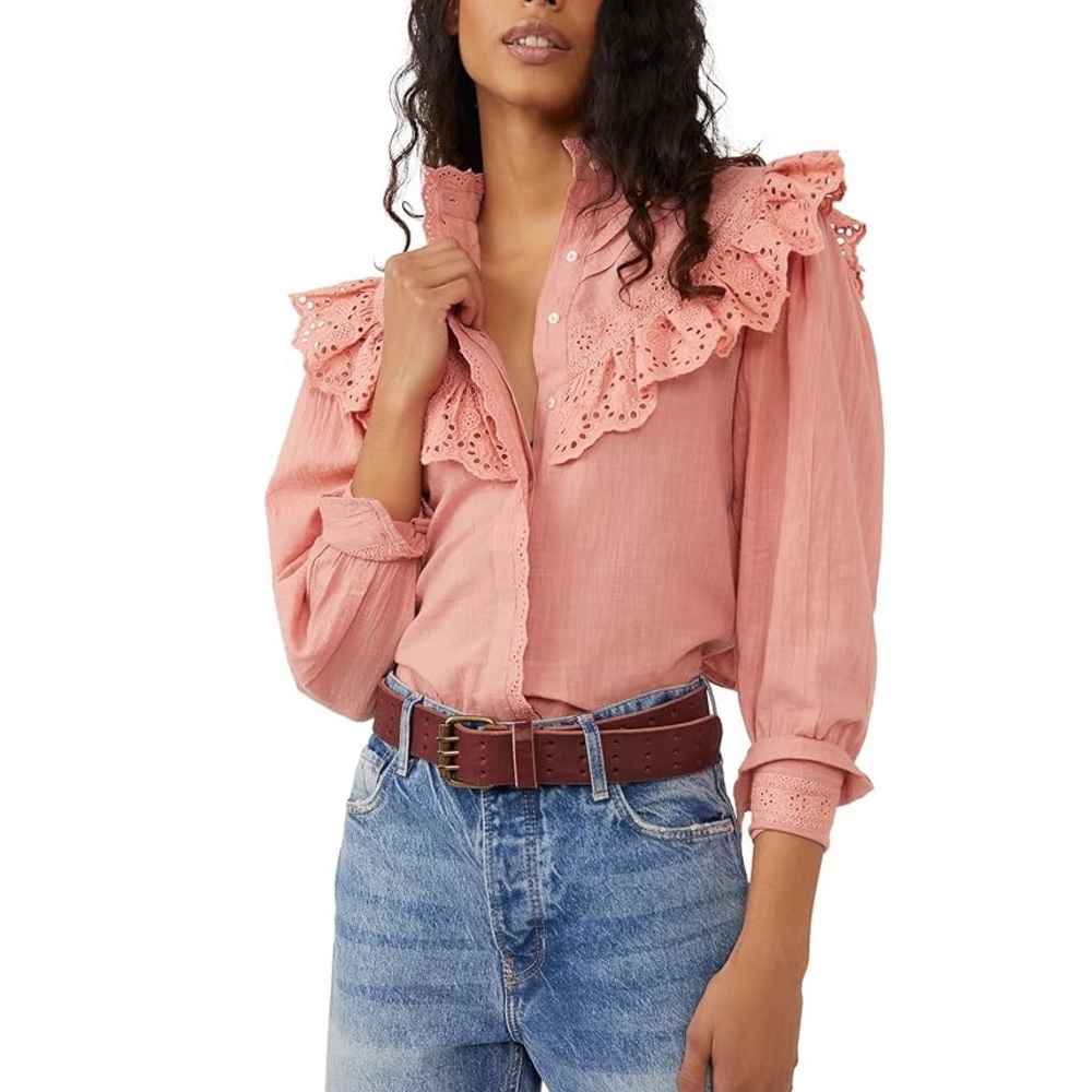 Free People hit the road button down pink lace blouse with ruffle collar